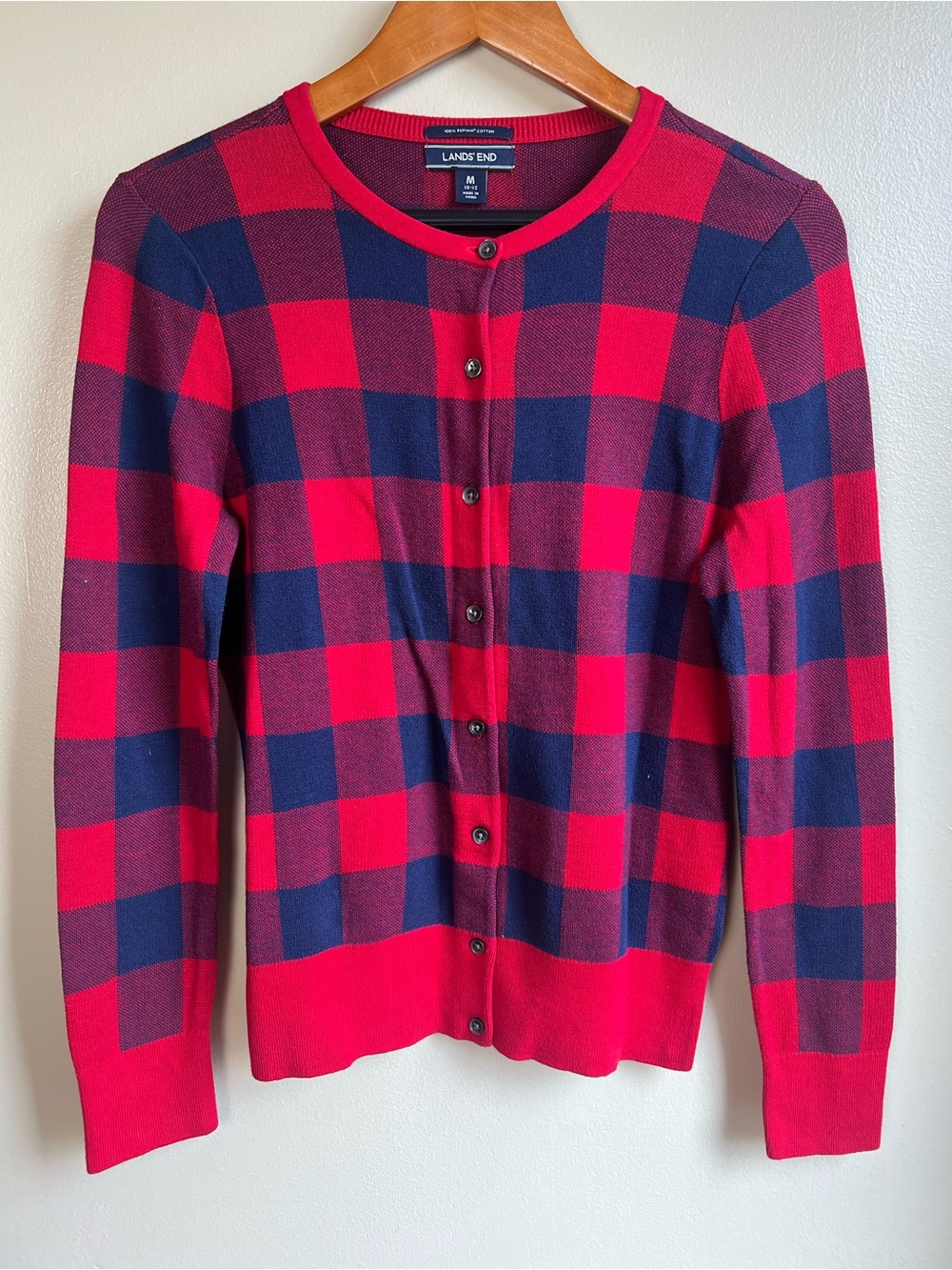 Lands’ End Supima Cotton Buffalo Plaid Cardigan M Red Navy Preppy Holiday
